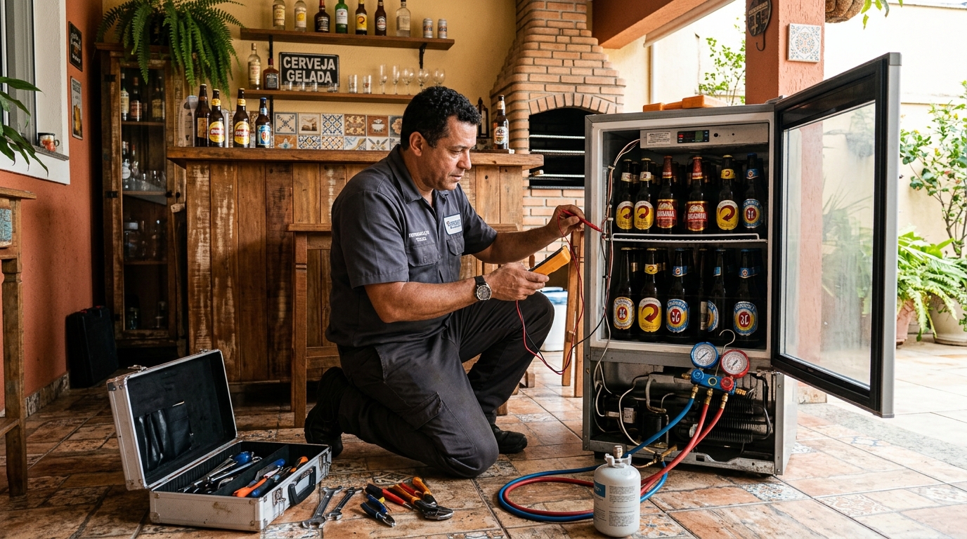 Recarga de gás em expositor de bebidas durante atendimento em Piracicaba‑SP